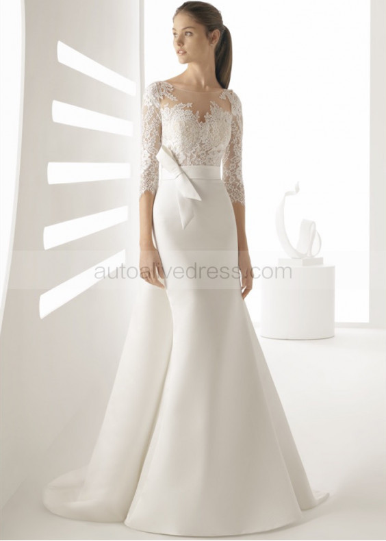 Three Quarter Sleeve Ivory Lace Satin Wedding Dress